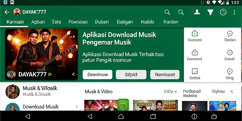 Screenshot antarmuka aplikasi DAYAK777 yang menunjukkan fungsi Download Musik.