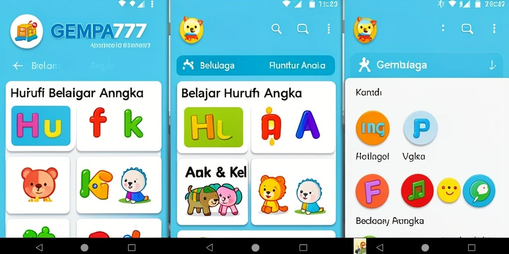 Tampilan antarmuka interaktif aplikasi Belajar Huruf Angka GEMPA777.