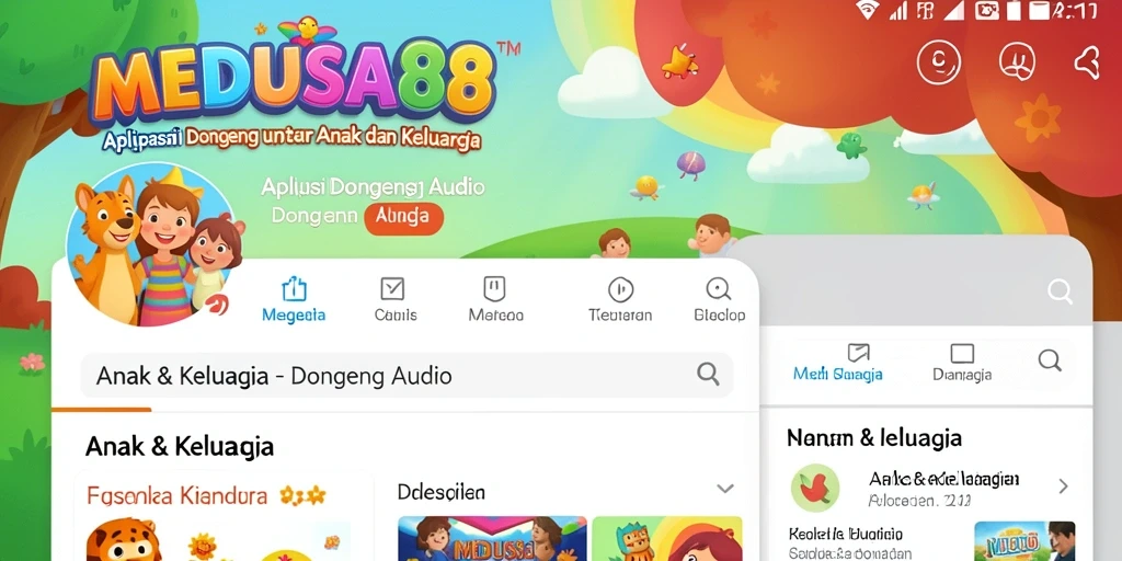 Tampilan utama aplikasi MEDUSA88 dengan daftar dongeng audio yang menarik.